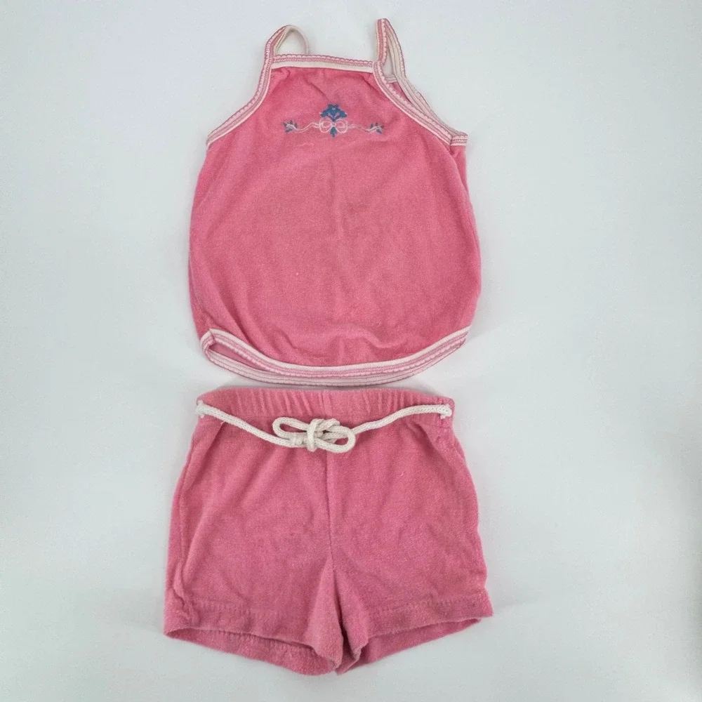 Vintage Garanimals Pink Terry Cloth Short Set 4T Floral Embroidery 2 Piece Retro